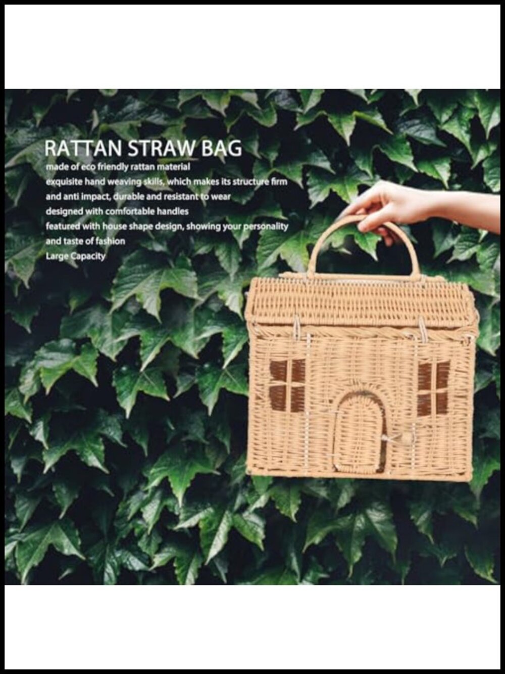 Handwoven Rattan Bag House Shape Large Capacity Shoulder Strap Beach Travel - Picture 3 of 6